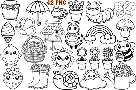 Download Cute Spring Clipart Line Art Stamps - Spring Collection